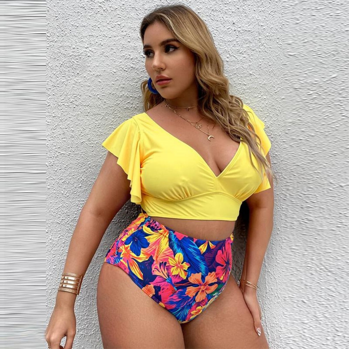 Damen Badeanzug Große Größe Hochtaille Rüschen