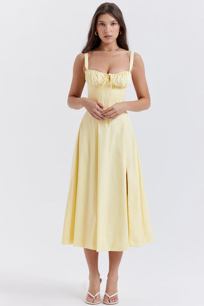 Damen Midikleid Zitronengelb Figurformend Sommerkleid - Norvielle