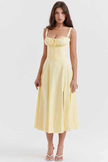 Damen Midikleid Zitronengelb Figurformend Sommerkleid