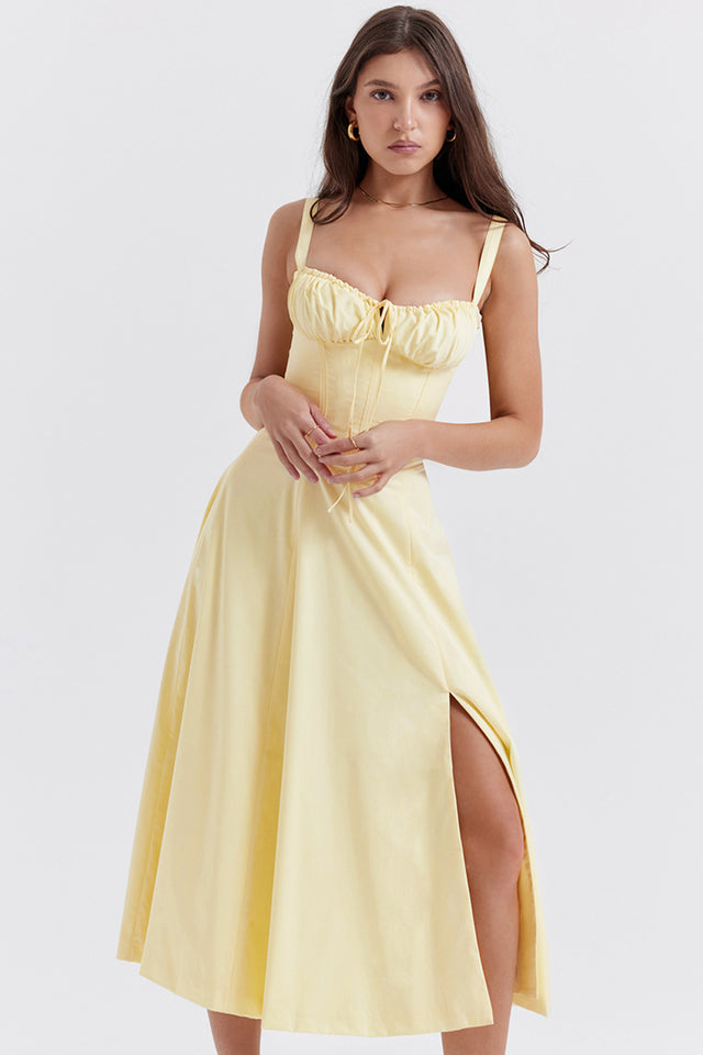 Damen Midikleid Zitronengelb Figurformend Sommerkleid