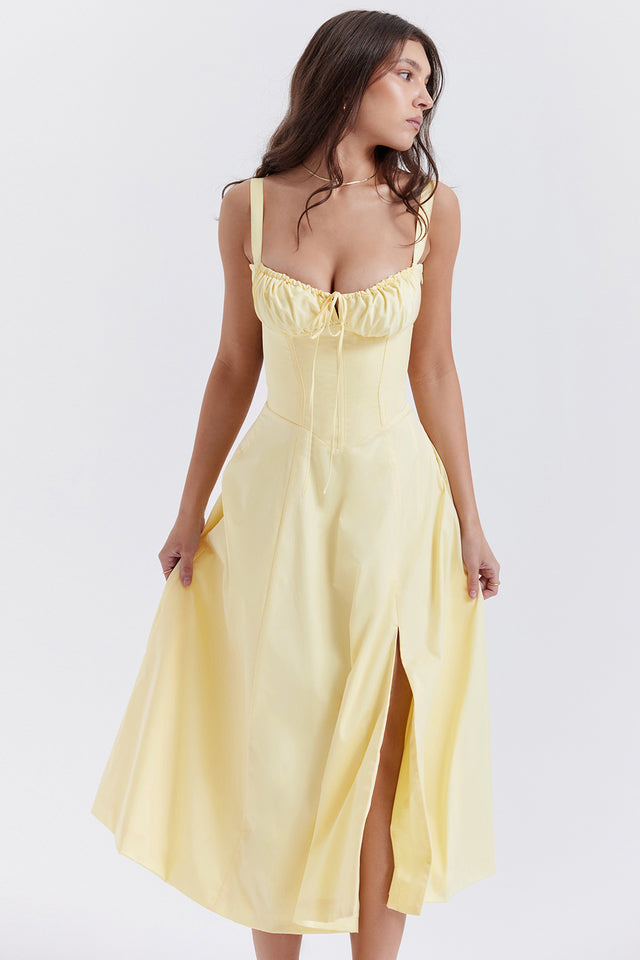 Damen Midikleid Zitronengelb Figurformend Sommerkleid