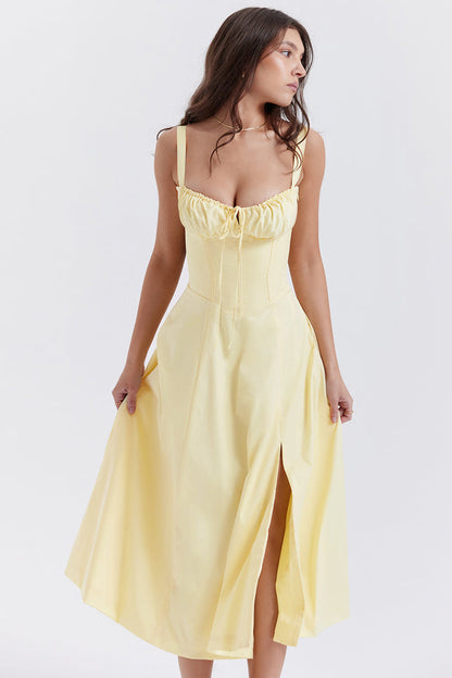 Damen Midikleid Zitronengelb Figurformend Sommerkleid