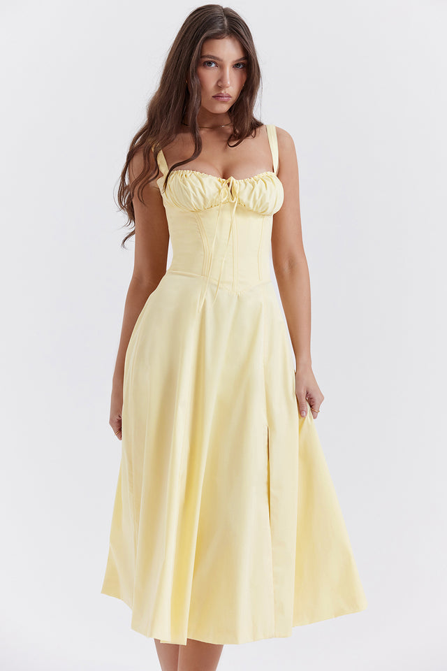 Damen Midikleid Zitronengelb Figurformend Sommerkleid