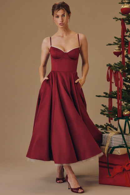 bordeaux midi kleid im house of cb style mit korsett und weitem rock