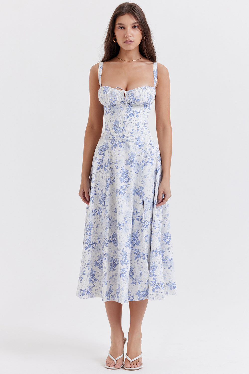 Damen Midikleid Blumenmuster Blau Weiß - Norvielle