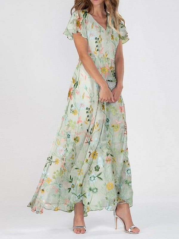 Damen Maxi-Kleid V-Ausschnitt Florales Langkleid Sommer - Norvielle