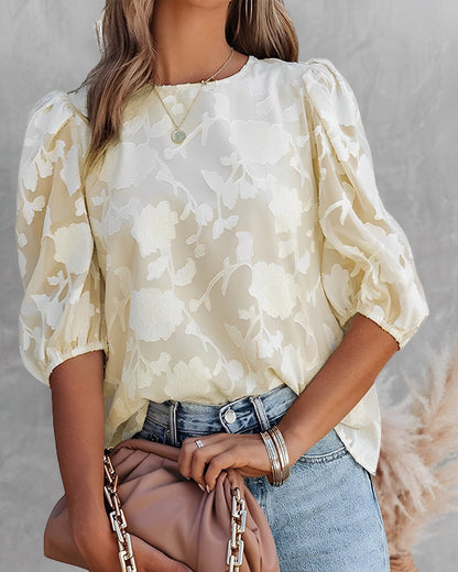 Damen Bluse Blumenmuster Puffärmel Elegant