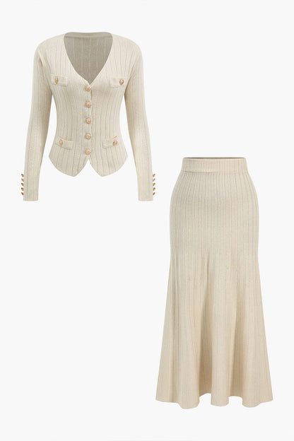 Damen Strickanzug Blazer Weste Midirock