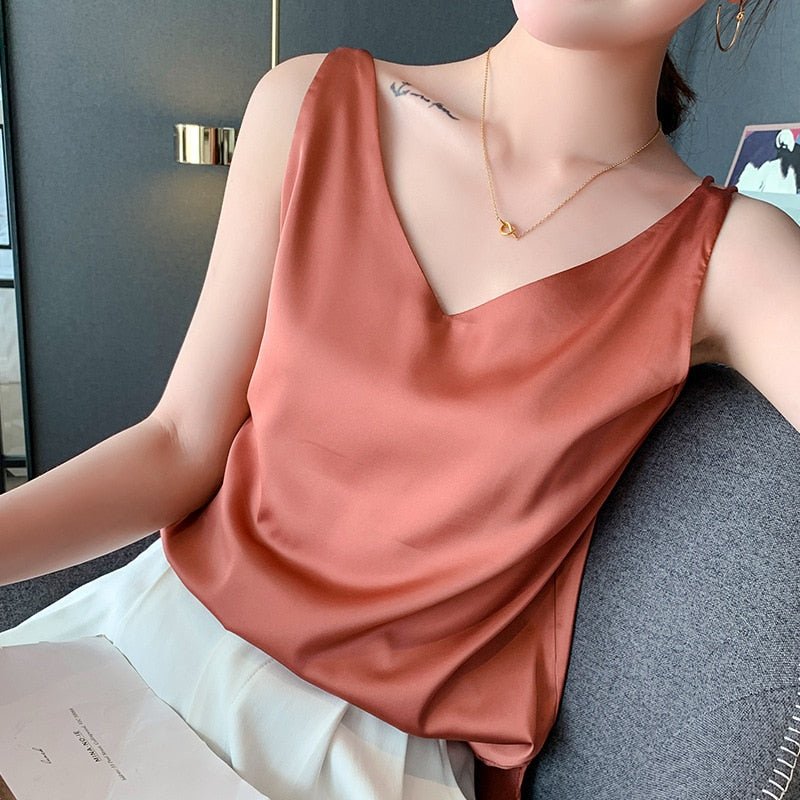 Damen Satin-Oberteil V-Ausschnitt Elegant