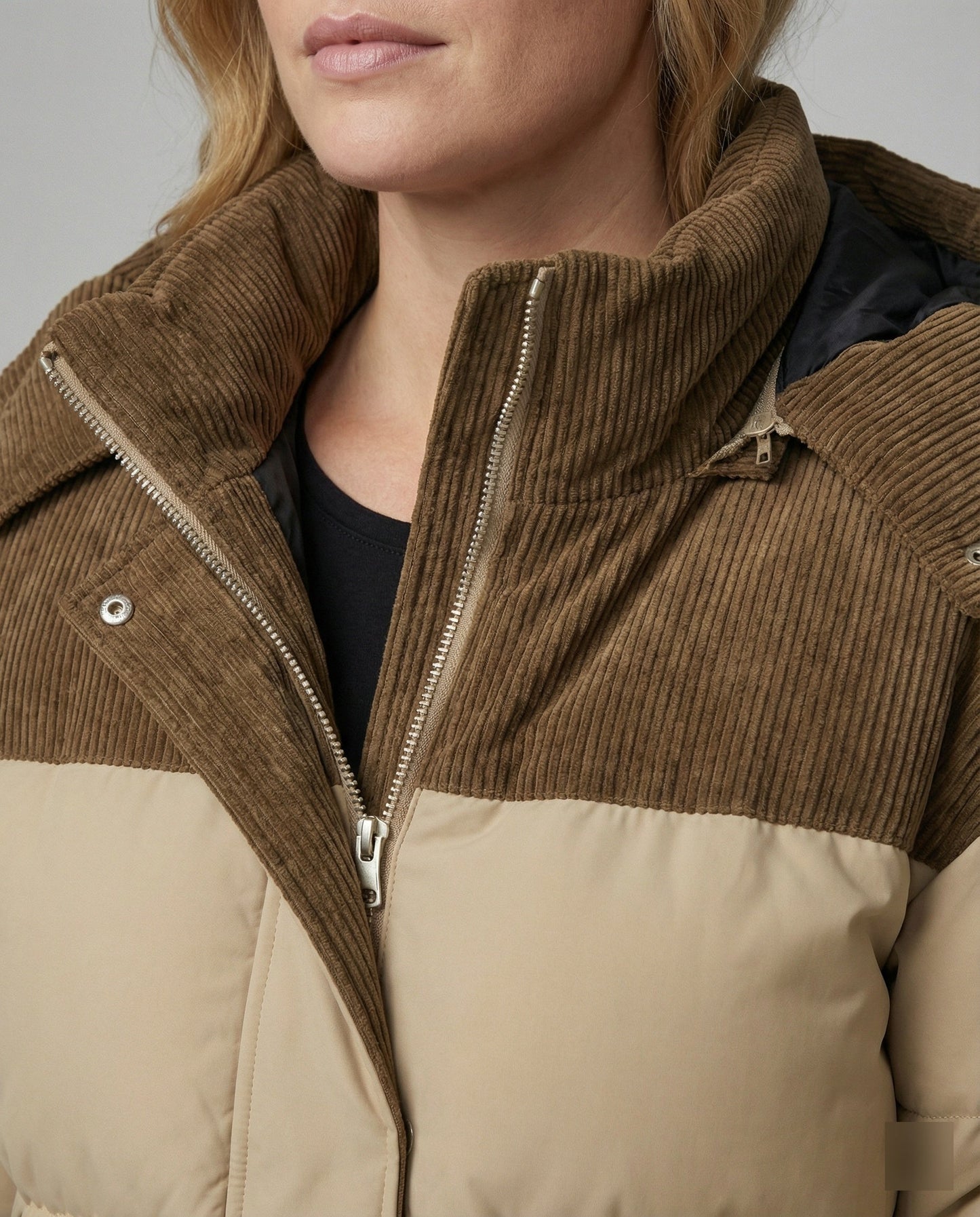 Modische Damen Kapuzenjacke Puffärmel Farbblock Design