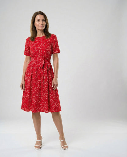 Damen Midi-Kleid mit Punkten und Taillengürtel Elegant