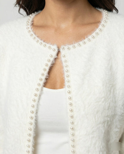 Damen Strickjacke Flauschig Perlen Verzierung