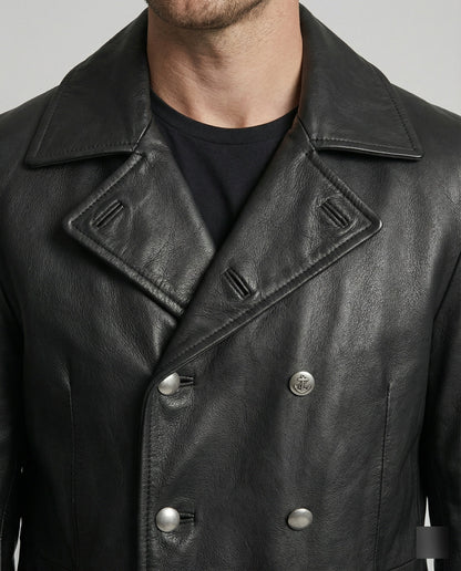 Herren Ledermantel Lang Knöpfe Elegant