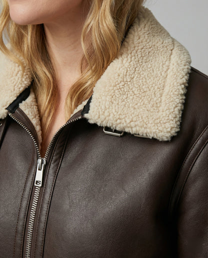 Damen Lederjacke Lang Teddyfutter Gürtel
