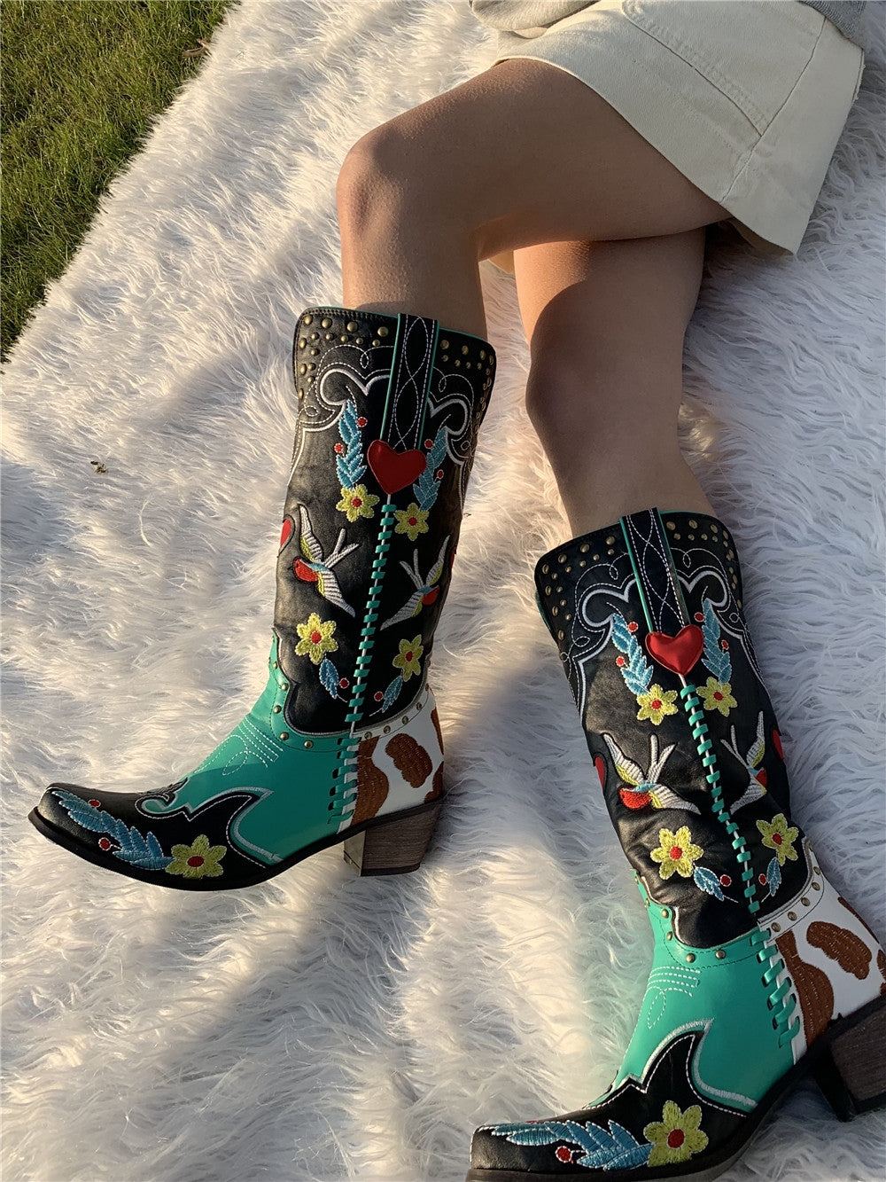 Damen Stiefel Cowboy Blumenmuster Elegant Leder