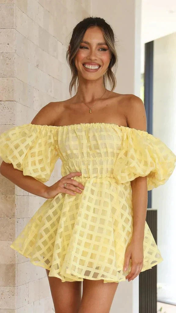 Gelbes Damen-Sommerkleid Schulterfrei mit Puffärmeln - Norvielle