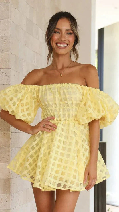Gelbes Damen-Sommerkleid Schulterfrei mit Puffärmeln - Norvielle