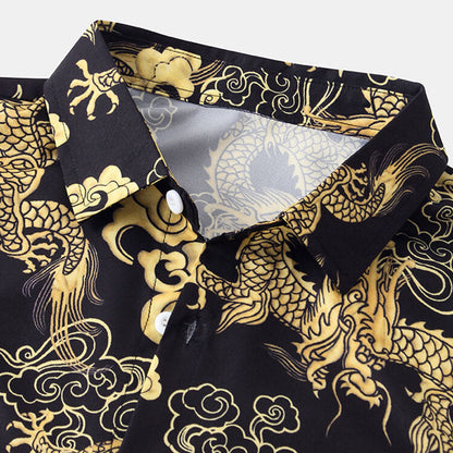 Herren Kurzarmhemd Drachen Design Blau