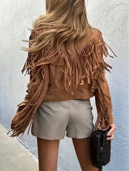 Damen Jacke Boho Chic Kunstleder Fransen