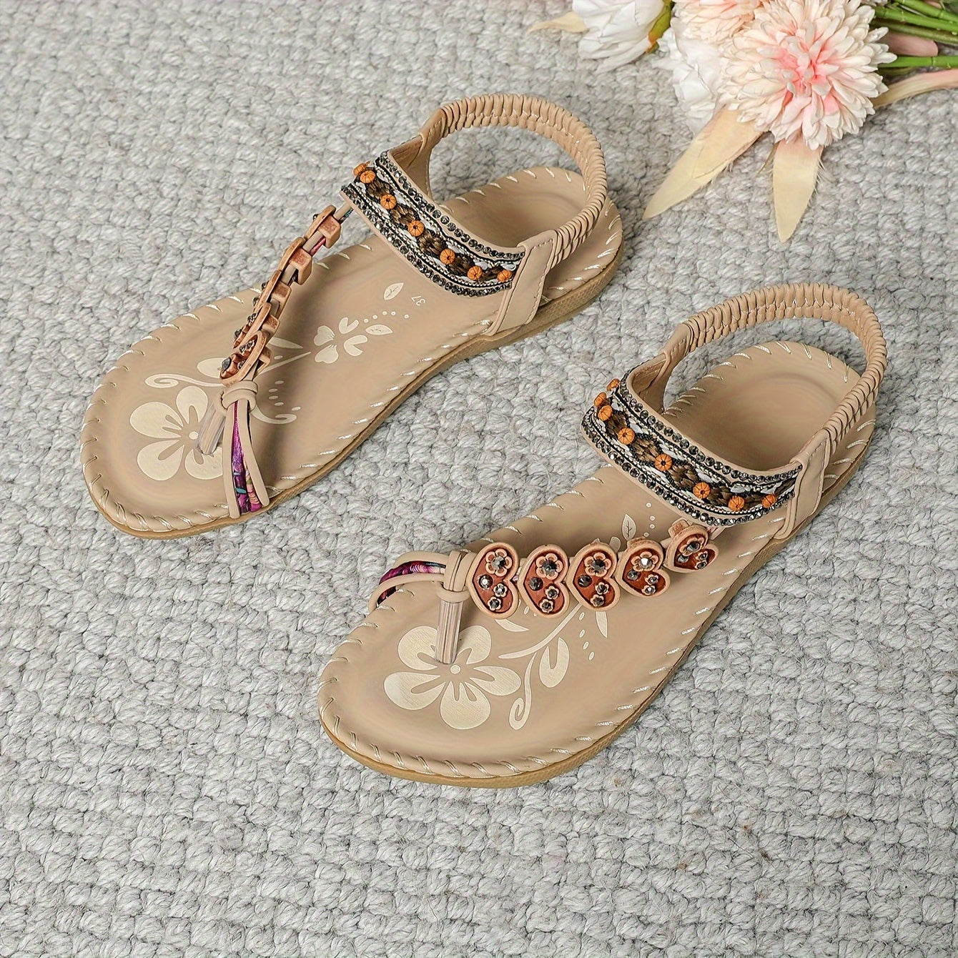 Damen Flache Sandalen Sommer Blumenriemen