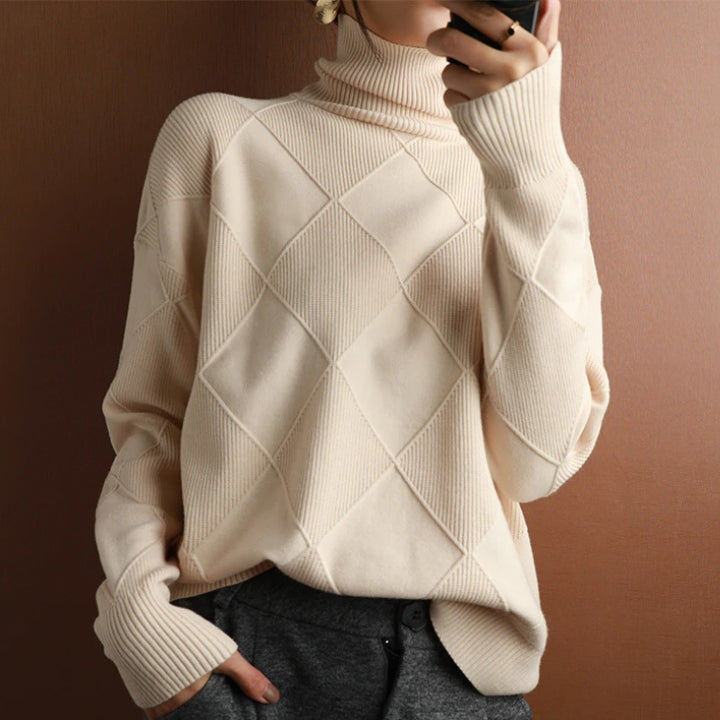 Damen Rollkragenpullover Weich Zopfmuster