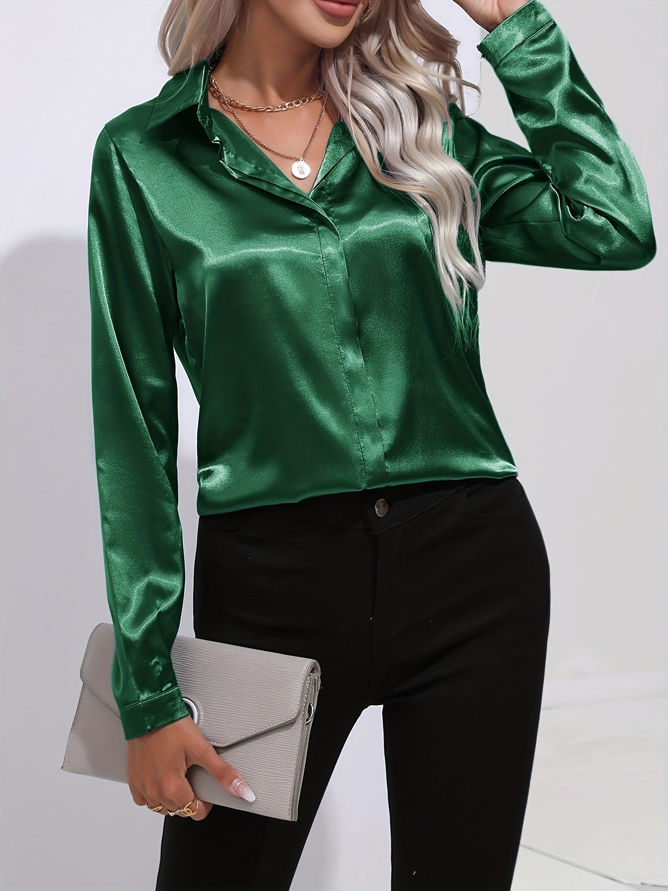 Damen Satinhemd Elegantes Langarmoberteil