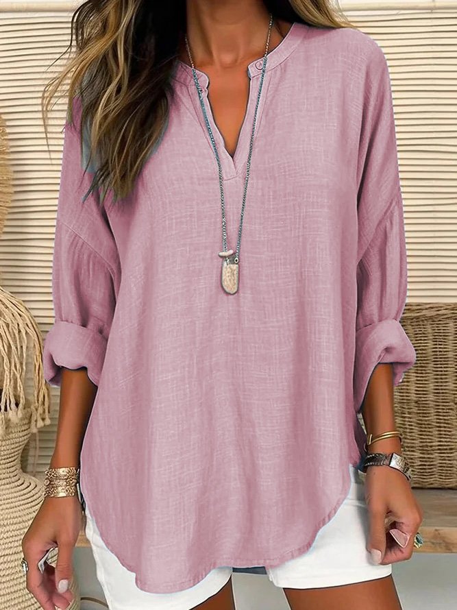 Damen Leinenbluse Lockere Knopfverschluss Sommer Weiss