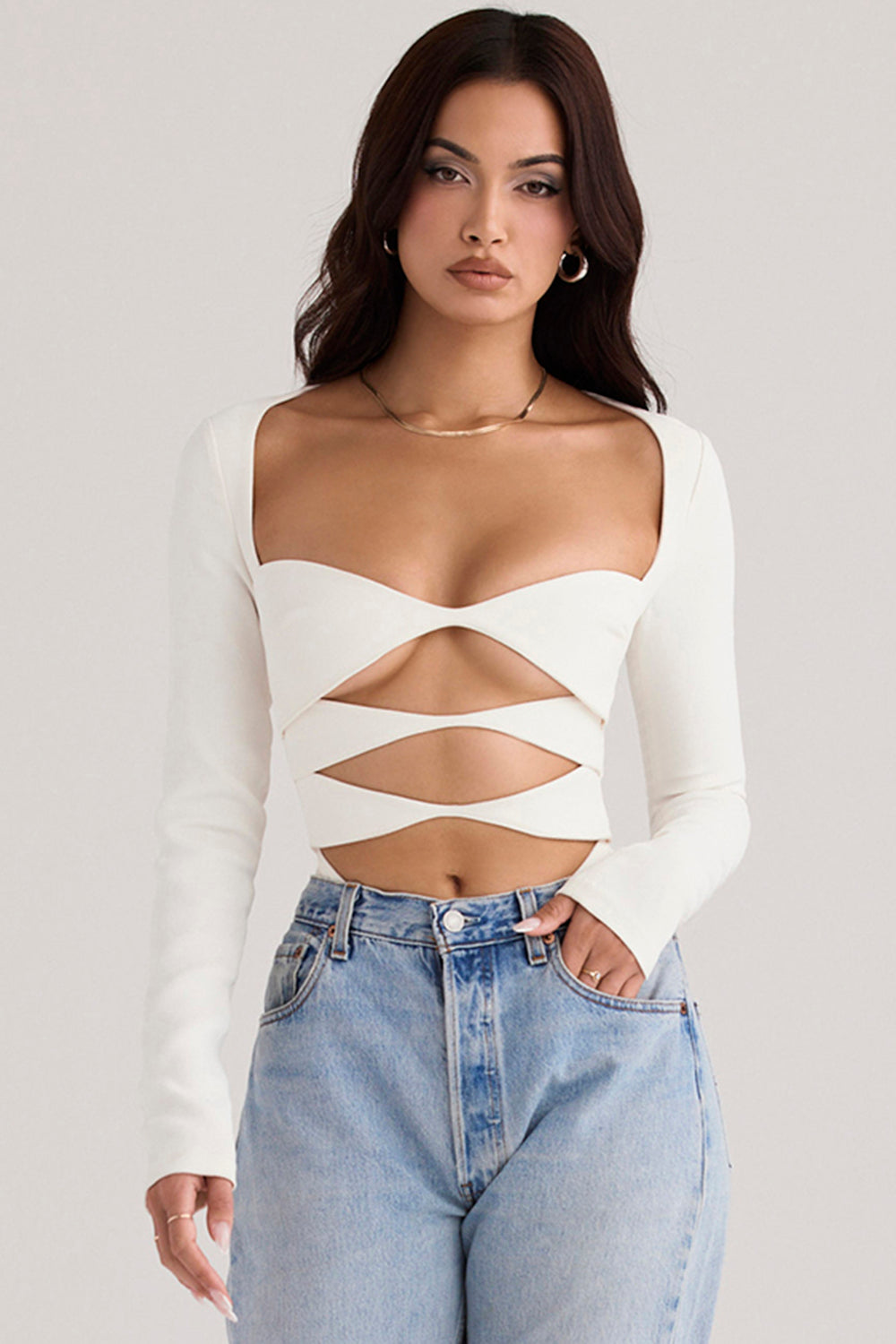 Weißes Damen Croptop Langarm Oberteil Modern - Norvielle