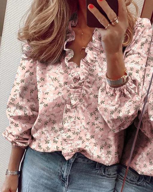 Damen Elegante Bluse Rüschen V-Ausschnitt