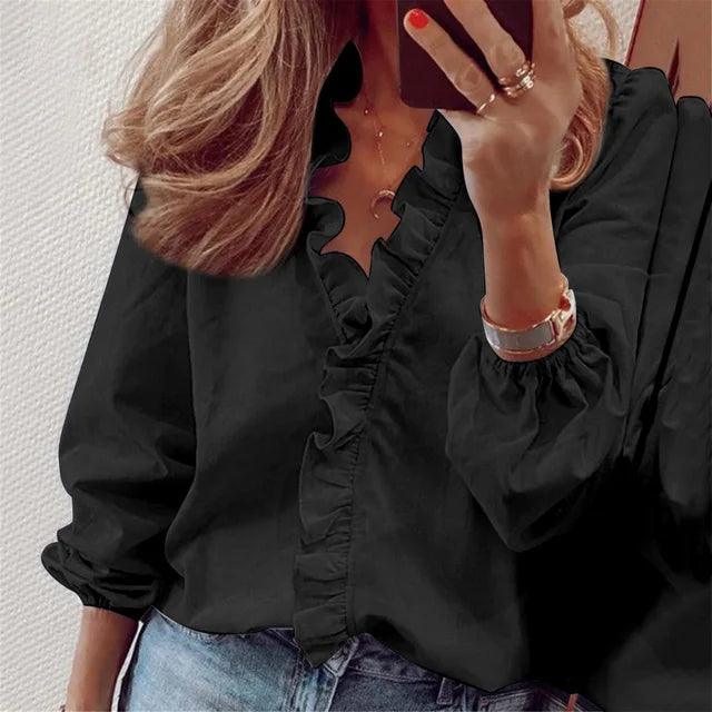 Damen Elegante Bluse Rüschen V-Ausschnitt