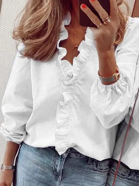 Damen Elegante Bluse Rüschen V-Ausschnitt