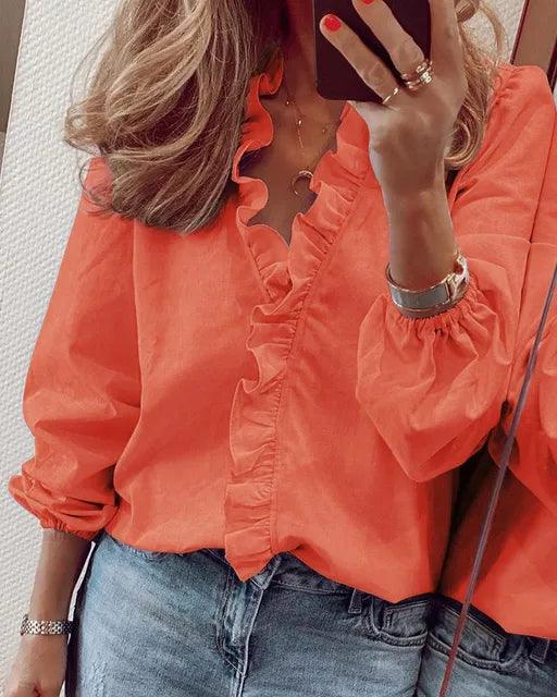 Damen Elegante Bluse Rüschen V-Ausschnitt