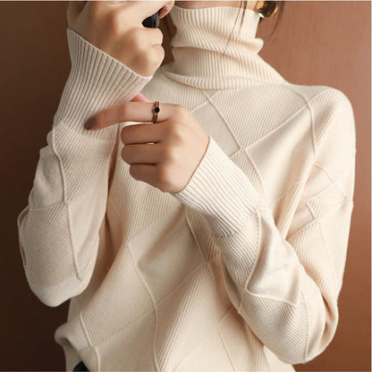 Damen Rollkragenpullover Weich Zopfmuster
