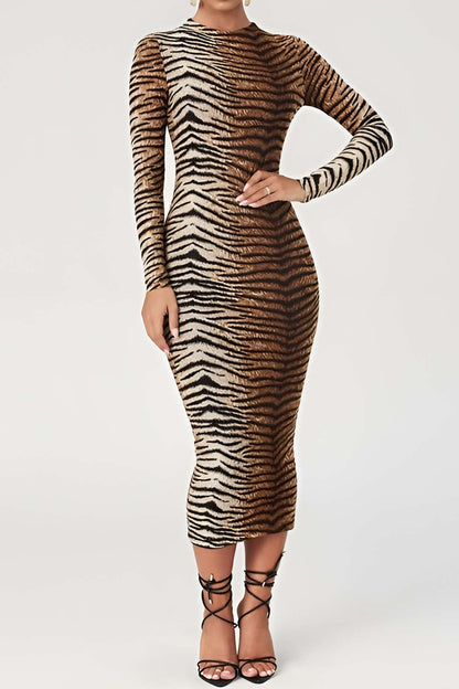 Damen Leopardenkleid Elegant Midikleid Wild Leopardprint