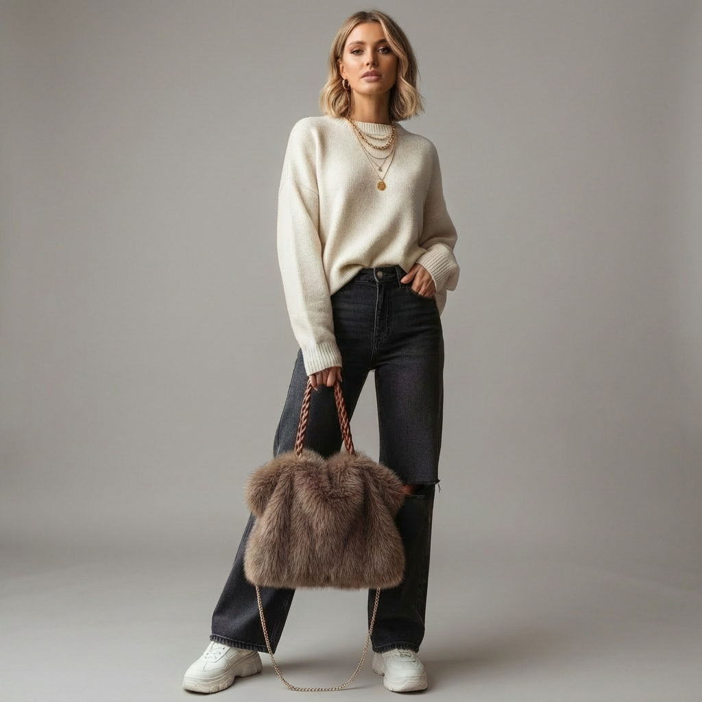 Geflochtene Handtasche mit Metallic-Kette und Henkel