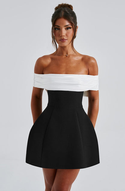 Damen Minikleid Schulterfrei Kontrast Oberteil Sommer