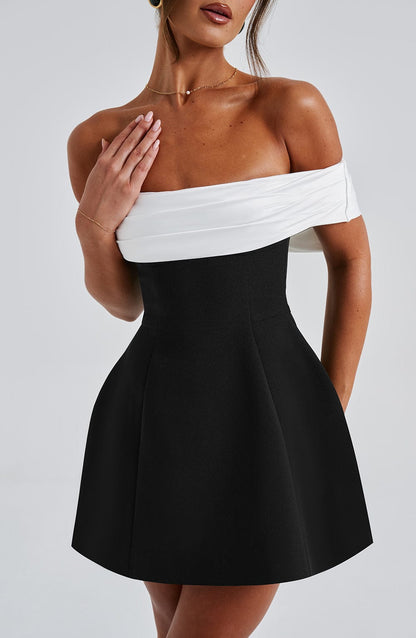 Damen Minikleid Schulterfrei Kontrast Oberteil Sommer