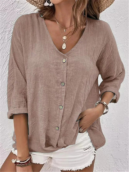 Damen Bluse V-Ausschnitt Knöpfe Leicht Sommerweiß