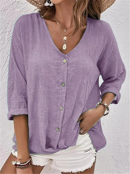 Damen Bluse V-Ausschnitt Knöpfe Leicht Sommerweiß