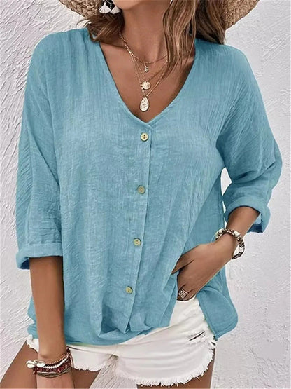 Damen Bluse V-Ausschnitt Knöpfe Leicht Sommerweiß - Norvielle