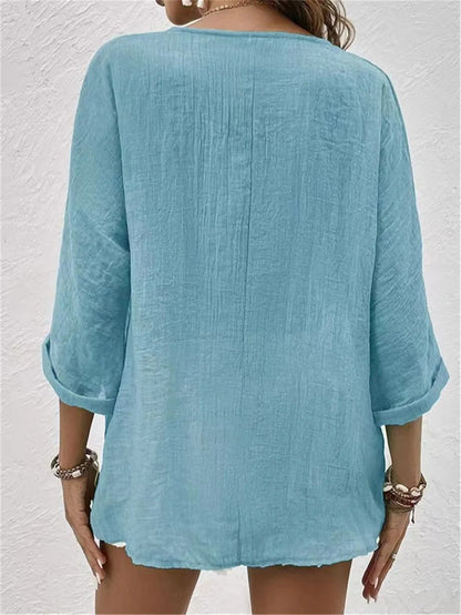 Damen Bluse V-Ausschnitt Knöpfe Leicht Sommerweiß
