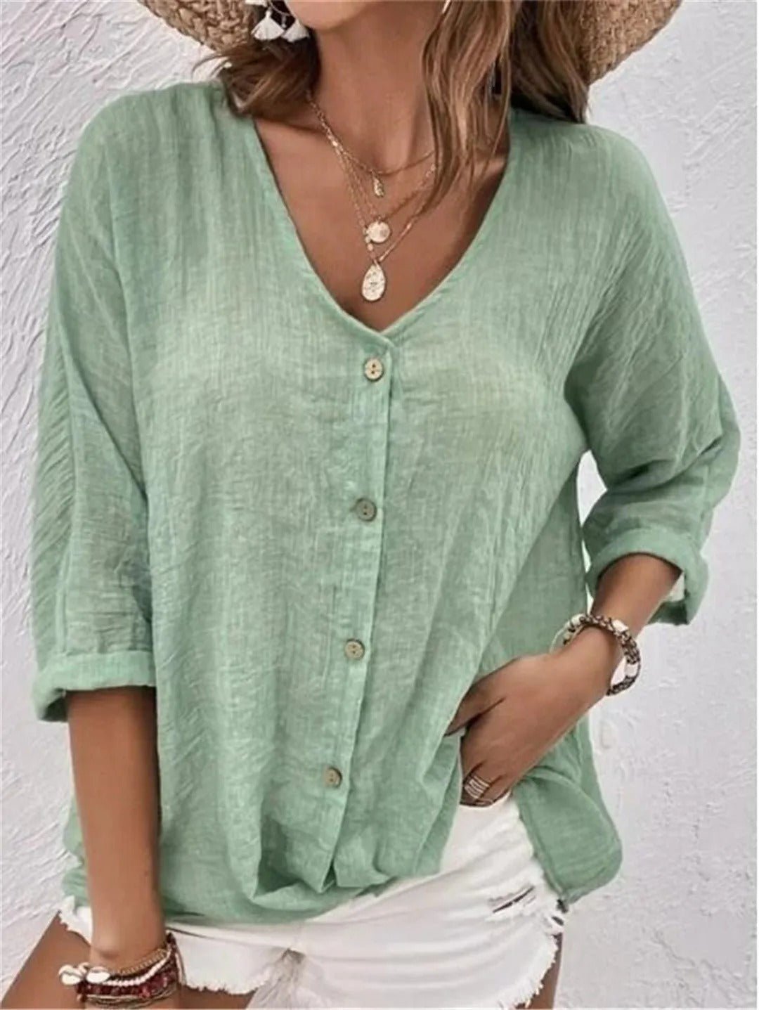 Damen Bluse V-Ausschnitt Knöpfe Leicht Sommerweiß