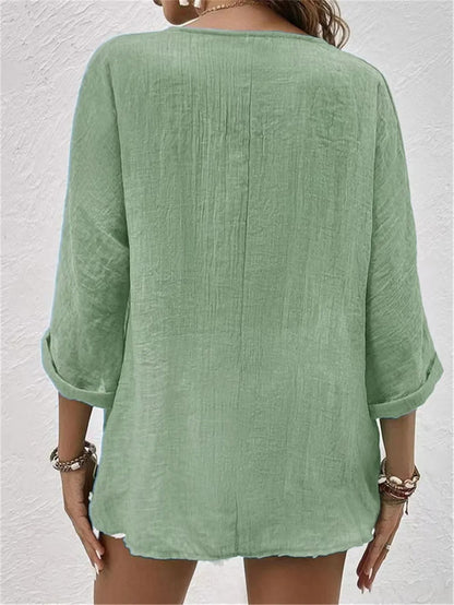 Damen Bluse V-Ausschnitt Knöpfe Leicht Sommerweiß