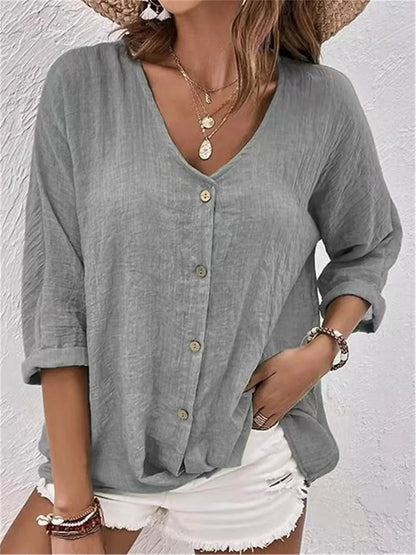 Damen Bluse V-Ausschnitt Knöpfe Leicht Sommerweiß