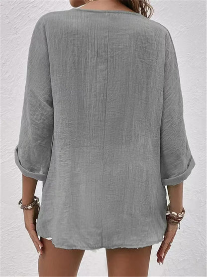 Damen Bluse V-Ausschnitt Knöpfe Leicht Sommerweiß