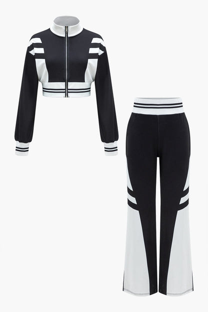 Sportliches Damen Zweiteiler Set Cropped Jacke und weite Hose - Norvielle