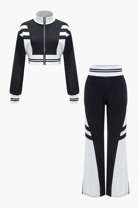 Sportliches Damen Zweiteiler Set Cropped Jacke und weite Hose - Norvielle