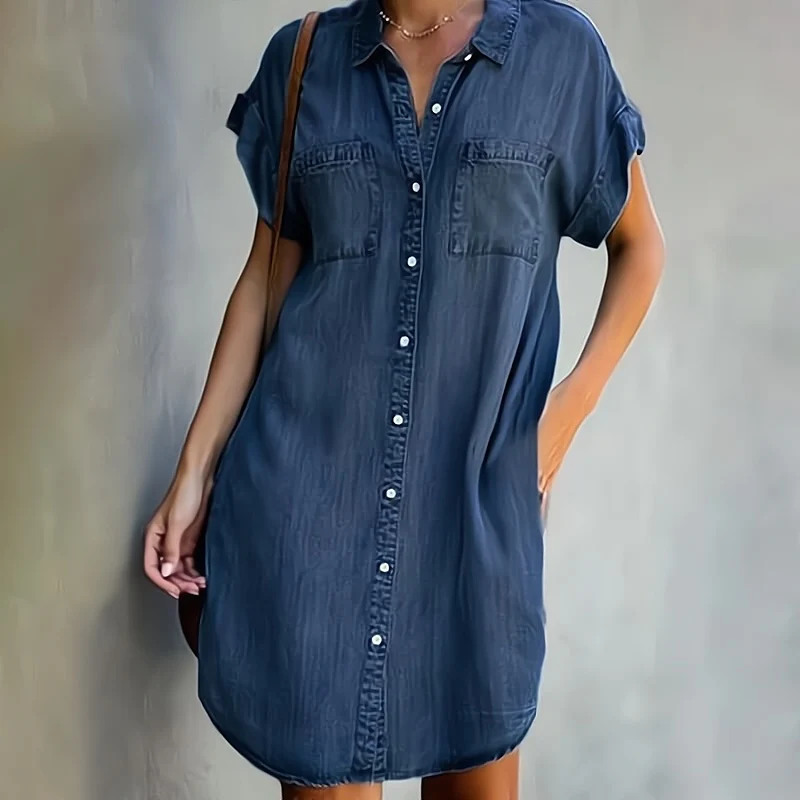 Damen Jeanskleid Mit Knöpfen Sommer Blau