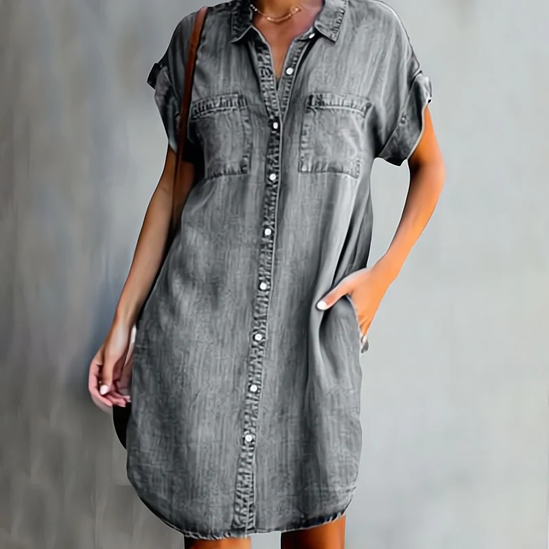 Damen Jeanskleid Mit Knöpfen Sommer Blau
