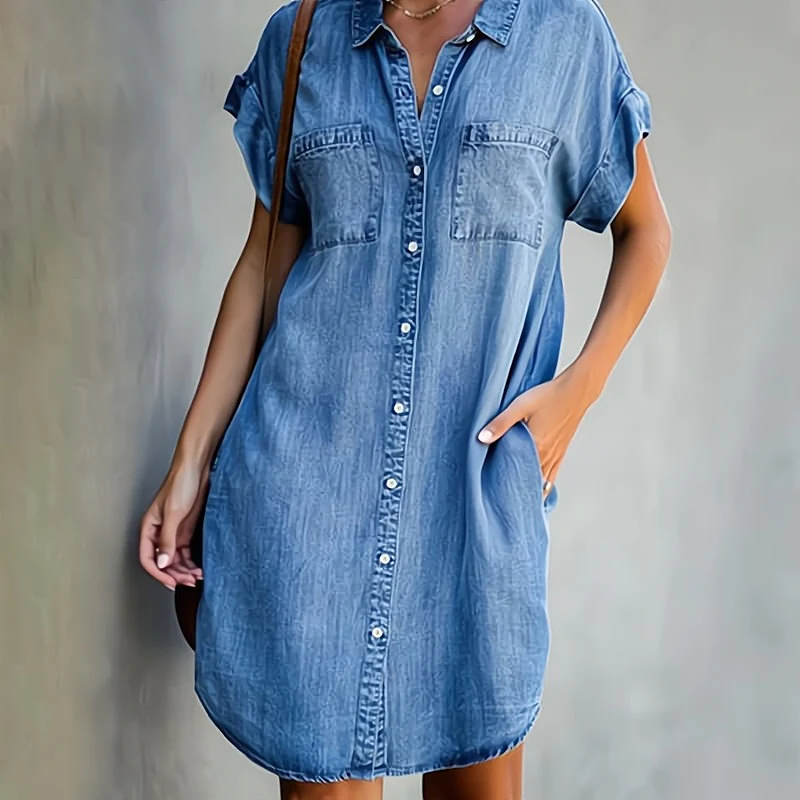 Damen Jeanskleid Mit Knöpfen Sommer Blau - Norvielle